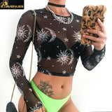 Women Sheer Mesh Print Tops