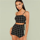 Grid Crop Spaghetti Strap Shorts Set