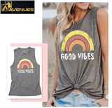 Women's Tank Good Vibes Print Gray O-Neck Tops Tee