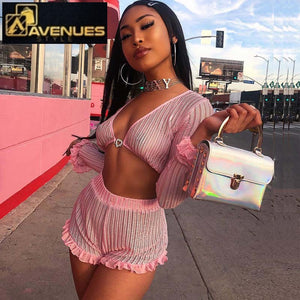 Women's Cute Ruffled Mesh Trim Pink Shorts Two Piece Set