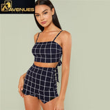 Grid Crop Spaghetti Strap Shorts Set