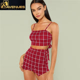 Grid Crop Spaghetti Strap Shorts Set