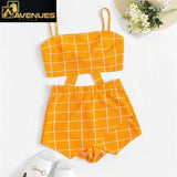 Grid Crop Spaghetti Strap Shorts Set