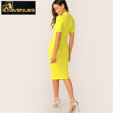 Elegant Neon Yellow Mock-Neck Pencil Bodycon Dress