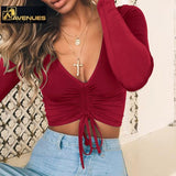 Women's Long Sleeve V Neck Crop Tops Tee