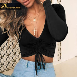 Women's Long Sleeve V Neck Crop Tops Tee