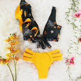 Women's Sexy V-neck High Waist Floral Ruffled Bikini Set