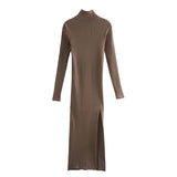 Long Sleeves High-Neck Elastic Knit Sweater Midi Dress