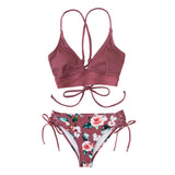 Floral Lace-Up Bikini Set Women V-neck 2-Pieces Swimsuits