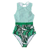 Striped Leafy One-Piece Swimsuit Sexy Cutout Monokini