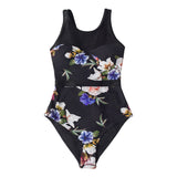 Floral Print Mesh Patchwork Swimsuit O-Neck Lace-Up Monokini