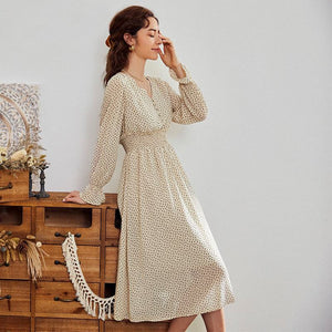 Elegant V-Neck Flare Sleeve Polka Dot Print Midi Dress