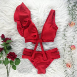 Women's Sexy V-neck High Waist Floral Ruffled Bikini Set