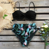 Leaf Print Push Up Bikinis Set High Waist Swimming Suits