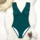 Teal Plunging Solid Swimsuit Women Ruffle Monokini