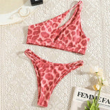 Women's One Shoulder Leopard Asymmetric 2-Pieces Bikini