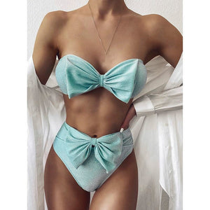 High Waist Bikinis Bandeau Shiny Bow Strapless Swimwear