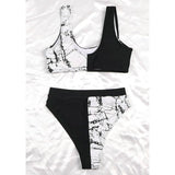 Printed Patchwork High Waisted High Cut Belted Bikini Set