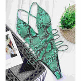 Women Snake Skin Swimsuits One Piece Sexy Deep V Monokinis