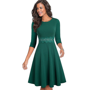 Retro Pure Color with Lace A-Line Flared Swing Dress