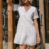 Sexy V-Neck Lace Stitching Short Sleeve A-Line Boho Dress