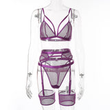 3-Piece Bra Set Transparent Hollow Out Bra And Panty Lingerie Set