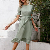 Polk Dot Puff Sleeve O-Neck High Waist Ruffled Midi Dress