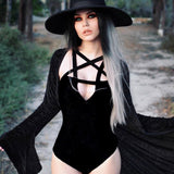 Black Gothic Bodycon Pentagram Hollow Out Solid Bodysuit