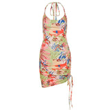 Sleeveless Multicolor Printing Cut Out Mini Wrap Bodycon Dress