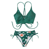 Floral Lace-Up Bikini Set Women V-neck 2-Pieces Swimsuits