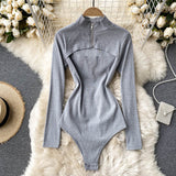 Knitted Stand Collar Long Sleeve Hollow Out Bodysuit Rompers