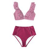 Stripe Ruffled High-Waist Sexy V-Neck Tank 2-Pieces Bikini Set