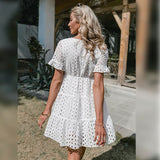 Sexy V-Neck Lace Stitching Short Sleeve A-Line Boho Dress