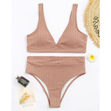 High Waist Push Up Swimwear Ribbed V-Neck Bikini Set