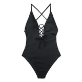 Solid 1-Piece Swimsuit Women Backless V Neck Lace Up Monokini