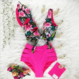 Women's Sexy V-neck High Waist Floral Ruffled Bikini Set