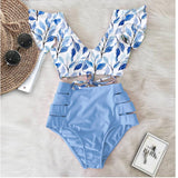 Women's Sexy V-neck High Waist Floral Ruffled Bikini Set