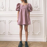 Cotton V-neck Loose Lantern Sleeve High Waist Mini Dress