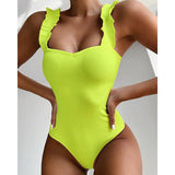 Ribbed Push Up Bodysuit Ruffle Strap 1-Piece Beachwear