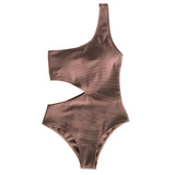 One Shoulder Cut Out One-Piece Solid Brown Swimsuit