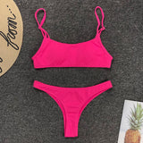 Women's Bandeau Bikinis Sexy Up Solid Thong Ribbed Swimsuits