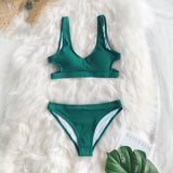 Feather Yarn Plain Hollow Out Padded 2-Pieces Thong Bikini Set