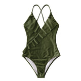 Women's Solid One-Piece Swimsuit V Neck Ruffle Monokini