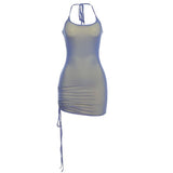 Solid Color Drawstring Wrap Sling Halter Bodycon Mini Dress