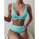 High Waist Push Up Swimwear Ribbed V-Neck Bikini Set