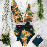 Women's Sexy V-neck High Waist Floral Ruffled Bikini Set