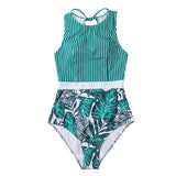 Striped Leafy One-Piece Swimsuit Sexy Cutout Monokini