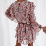 Floral Print Puff Sleeve Chiffon Sash High Waist Work Wear