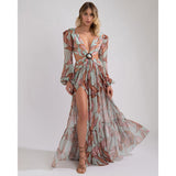 Print Cover Up Tunic Bubble Sleeve Swimsuit With Belt