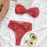 High Waist Bikinis Bandeau Shiny Bow Strapless Swimwear